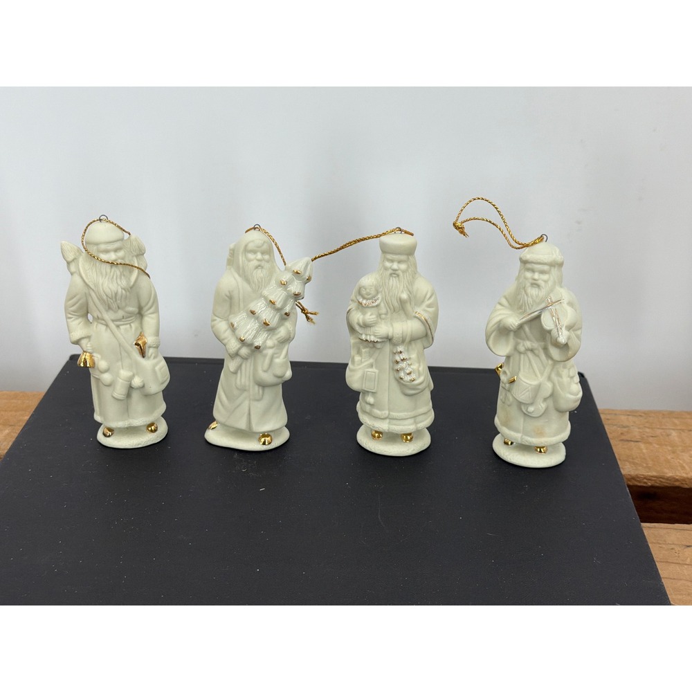 Set of 4 Vintage Bisque Porcelain Santa Claus Figurines Gold Accents Ornaments